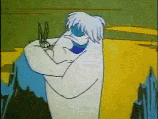A Cartoon Character Is Holding A Rabbit In His Arms While Standing In Front Of A Yellow Background . GIF