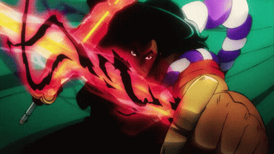 A Cartoon Character Is Holding A Red Sword With A Purple And White Rope Around His Neck GIF