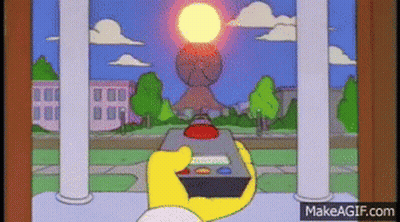 A Cartoon Character Is Holding A Remote Control In Front Of A Building GIF