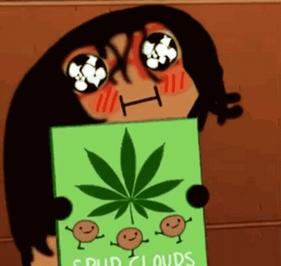 A Cartoon Character Is Holding A Sign With A Marijuana Leaf And Potatoes On It . GIF