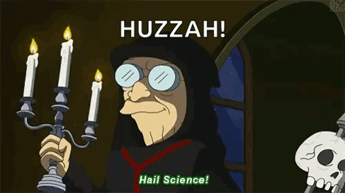 A Cartoon Character Is Holding A Skull And Candles And Saying Huzzah ! Hail Science ! GIF