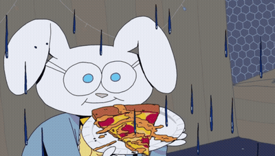A Cartoon Character Is Holding A Slice Of Pizza GIF