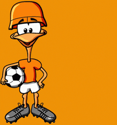 A Cartoon Character Is Holding A Soccer Ball And Says Aanvallen GIF
