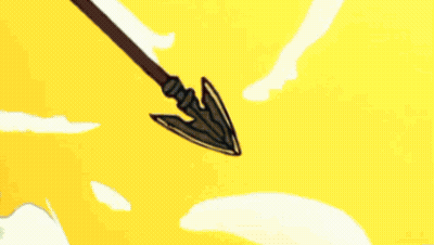 A Cartoon Character Is Holding A Spear In His Hand While Standing In Front Of A Yellow Background . GIF