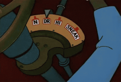 A Cartoon Character Is Holding A Steering Wheel With A Switch That Says Sneak On It . GIF