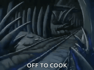 A Cartoon Character Is Holding A Stick And Says `` Off To Cook '' While Walking Through A Cave . GIF