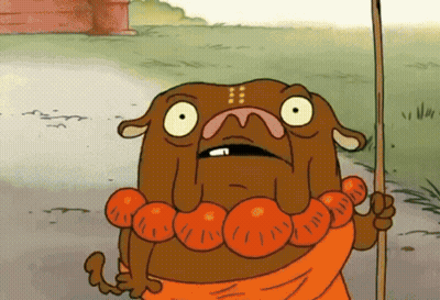 A Cartoon Character Is Holding A Stick And Wearing An Orange Necklace GIF
