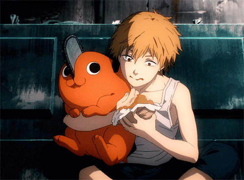 A Cartoon Character Is Holding A Stuffed Animal That Looks Like A Chainsaw GIF