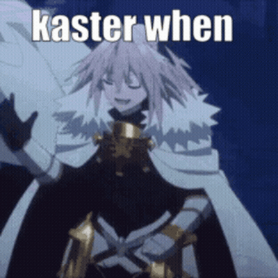 A Cartoon Character Is Holding A Sword And Says ' Caster When ' In White Letters . GIF