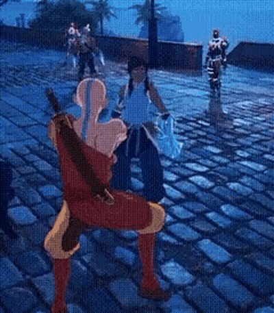 A Cartoon Character Is Holding A Sword And Standing On A Cobblestone Street GIF
