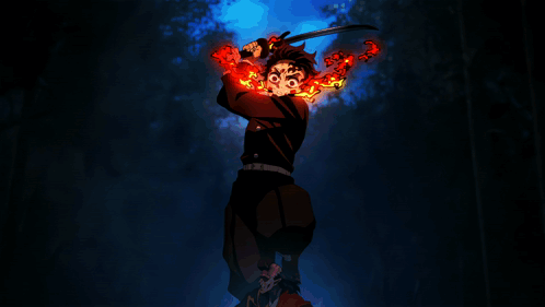A Cartoon Character Is Holding A Sword In Front Of A Fire GIF