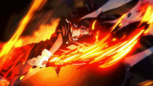 A Cartoon Character Is Holding A Sword In Front Of A Fire GIF