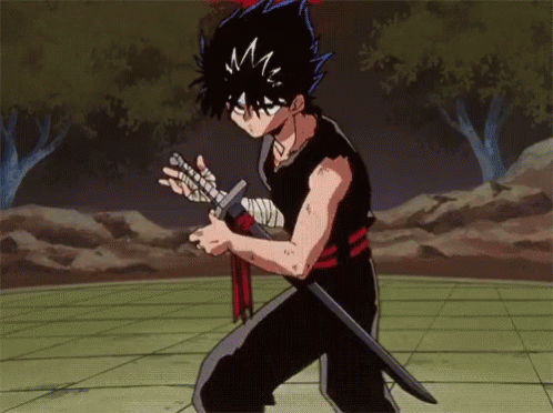A Cartoon Character Is Holding A Sword In His Right Hand . GIF