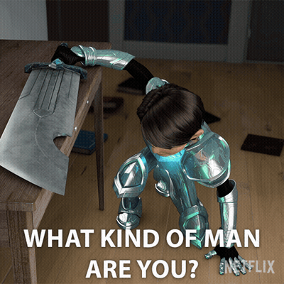 A Cartoon Character Is Holding A Sword Next To The Words What Kind Of Man Are You Netflix GIF