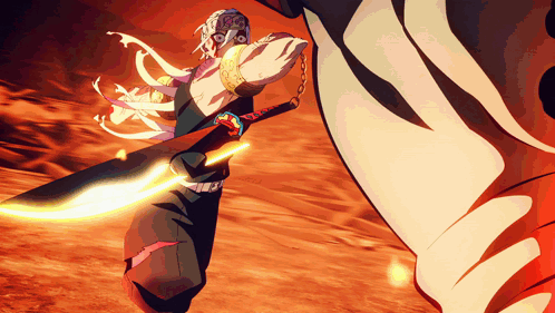 A Cartoon Character Is Holding A Sword With A Flame Coming Out Of It GIF