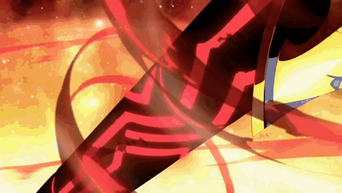 A Cartoon Character Is Holding A Sword With A Red Ribbon Coming Out Of It . GIF