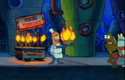 A Cartoon Character Is Holding A Torch In Front Of A Sign That Says " Fresh Torches " GIF