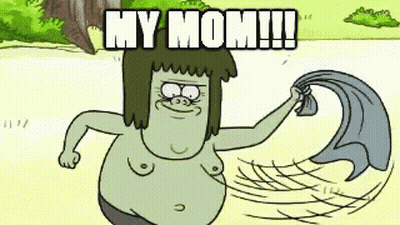 A Cartoon Character Is Holding A Towel And Says " My Mom !!! " GIF