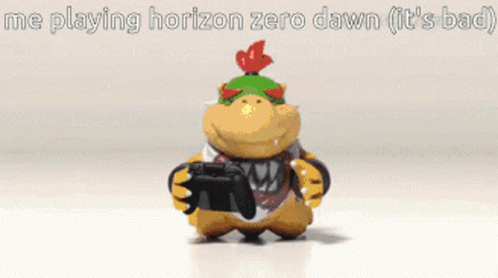 A Cartoon Character Is Holding A Video Game Controller And Says Me Playing Horizon Zero Dawn GIF