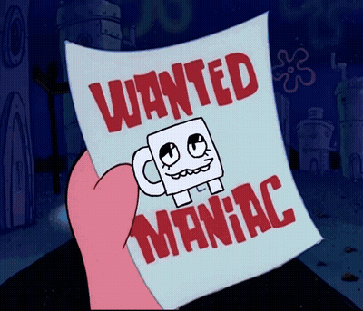 A Cartoon Character Is Holding A Wanted Maniac Poster GIF