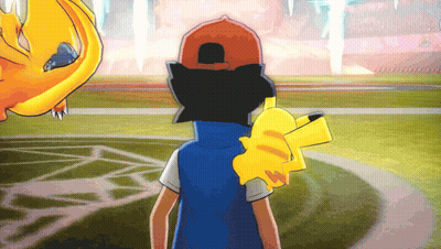 A Cartoon Character Is Holding A Yellow Pikachu On His Shoulder GIF