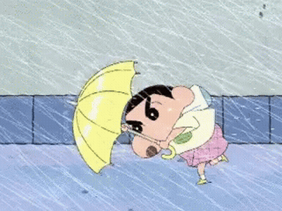 A Cartoon Character Is Holding A Yellow Umbrella While Walking In The Rain GIF