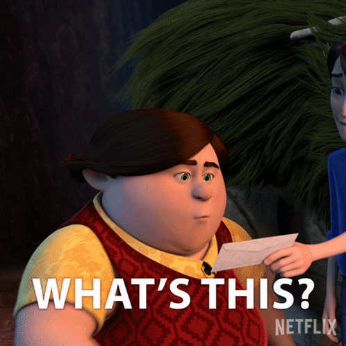 A Cartoon Character Is Holding An Envelope And Says " What 'S This " In White Letters GIF