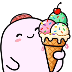 A Cartoon Character Is Holding An Ice Cream Cone With Three Scoops Of Ice Cream And A Cherry On Top . GIF