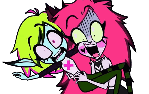 A Cartoon Character Is Holding Another Cartoon Character With A Cross On Her Shirt Sticker