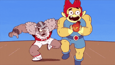 A Cartoon Character Is Holding Another Character 'S Arm With A Lightning Bolt On His Chest GIF