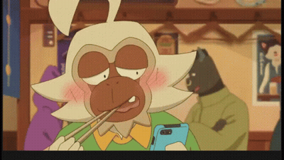 A Cartoon Character Is Holding Chopsticks And Looking At A Phone GIF