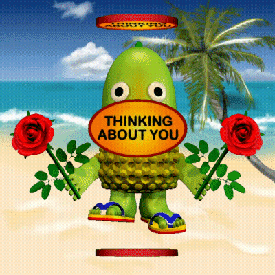 A Cartoon Character Is Holding Red Roses And Says Thinking About You GIF
