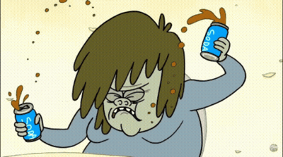 A Cartoon Character Is Holding Two Soda Cans In His Hands GIF