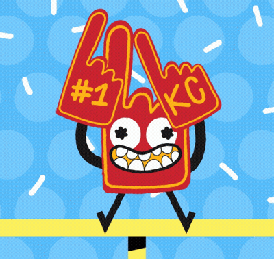 A Cartoon Character Is Holding Up Foam Fingers That Say # 1 And Kc GIF