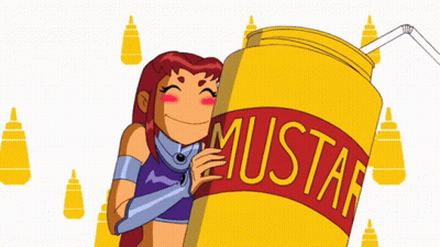 A Cartoon Character Is Hugging A Yellow Mustard Cup GIF