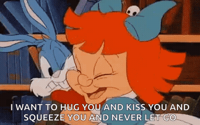 A Cartoon Character Is Hugging Another Cartoon Character In A Library . GIF