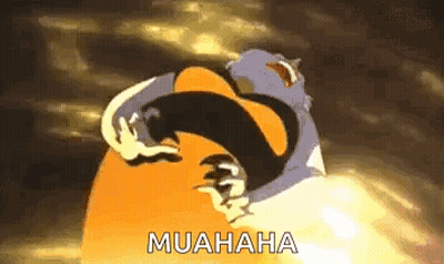 A Cartoon Character Is Hugging Another Cartoon Character With The Words `` Muahaha '' Written On It . GIF