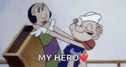 A Cartoon Character Is Hugging Another Cartoon Character With The Words " My Hero " Written On The Bottom GIF