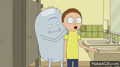 A Cartoon Character Is Hugging Another Character In A Bathroom With Makeagif.com At The Bottom GIF