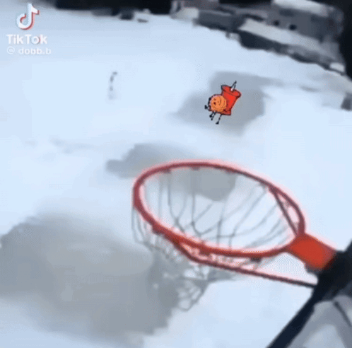 A Cartoon Character Is Jumping In A Basketball Hoop In The Snow . GIF