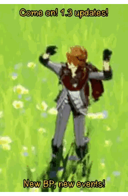 A Cartoon Character Is Jumping In The Air With The Words Come On 1.3 Updates New Bp New Events Written Below Him Sticker