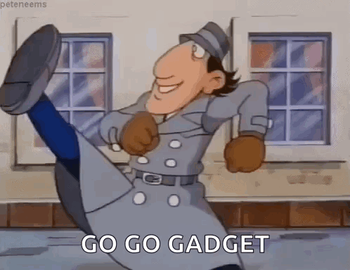A Cartoon Character Is Jumping In The Air With The Words `` Go Go Gadget '' Written Below Him . GIF