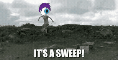 A Cartoon Character Is Jumping In The Air With The Words " It 'S A Sweep " Behind Him GIF