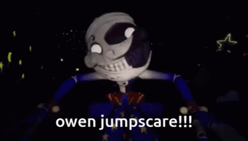 A Cartoon Character Is Jumping In The Air With The Words `` Owen Jumpscare '' Written On The Bottom . GIF