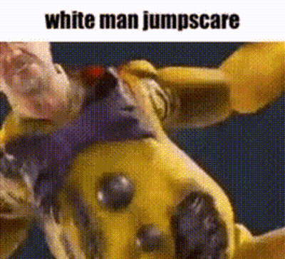 A Cartoon Character Is Jumping In The Air With The Words `` White Man Jumpscare '' Written Above Him . GIF