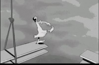 A Cartoon Character Is Jumping Over A Bridge In A Black And White Drawing . GIF
