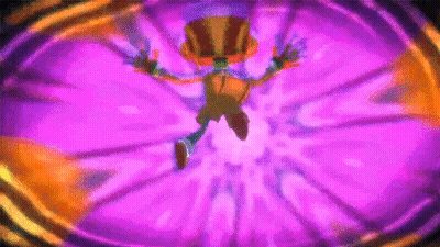 A Cartoon Character Is Jumping Through A Purple Circle . GIF
