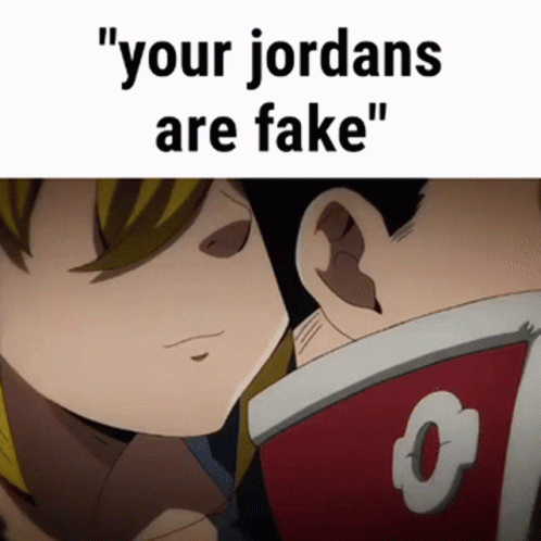 A Cartoon Character Is Kissing Another Character 'S Neck And The Words `` Your Jordans Are Fake '' Are On The Bottom . GIF