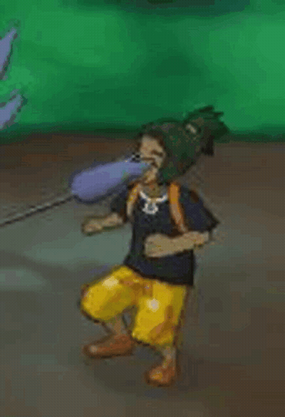 A Cartoon Character Is Kneeling Down And Holding A Sword In His Hand . GIF