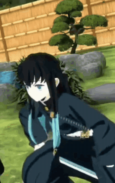 A Cartoon Character Is Kneeling Down With A Sword In His Hand In A Garden . GIF